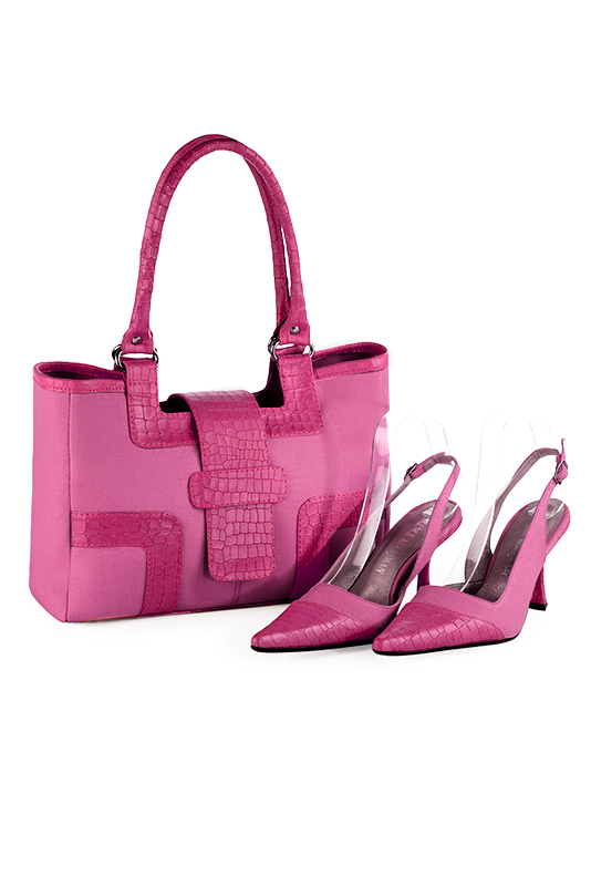 Shocking pink women's dress handbag, matching pumps and belts. Top view - Florence KOOIJMAN